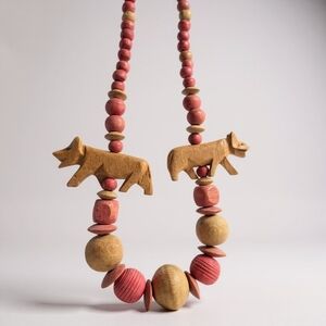 Vintage Wooden Beaded Boho Animal Accent Retro Necklace